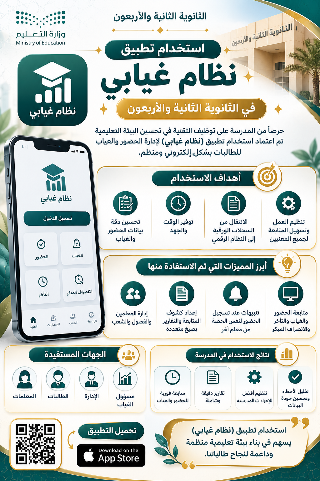استخدام تطبيق نظام غيابي في الثانوية الثانية والأربعون